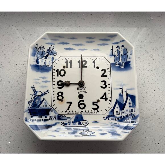 Delft Other - Vintage Delft Wall Clock - 8 Day Germany Blue & White -Missing Pendulum and Key